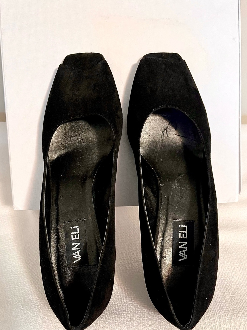 Size 12 VANELI black suede peep toe heel
